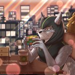 anthro beverage cafe city cityscape clothed clothing coffee duo fluffy fully_clothed fur furniture grey_body grey_fur holding_object hood inside looking_at_object male playing public sitting sleeveless_hoodie solo_focus table tail text window swaggy_tamago rubik's_cube super-nova mnesis canid canine corsac_fox fox mammal true_fox 1:1 2023 absurd_res colored digital_media_(artwork) english_text hi_res