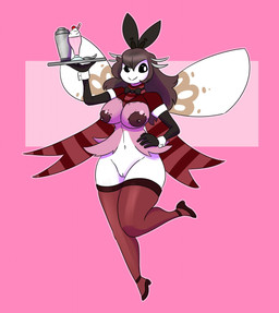 anthro anthrofied breasts brown_hair clothed clothing female fur genitals hair multicolored_body multicolored_fur nipples partially_clothed pink_body pink_fur pokemorph simple_background smile solo vulva white_body white_fur wings hambor12 nintendo pokemon fan_character reenae_(brad427) generation_7_pokemon pokemon_(species) ribombee shiny_pokemon 2020 digital_media_(artwork) hi_res