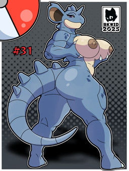 1_horn anthro anthrofied areola big_breasts big_butt blue_body blue_horn border breasts brown_areola brown_nipples butt butt_pose claws eyelashes female grey_background hand_on_breast holding_breast horn huge_butt looking_at_viewer muscular muscular_anthro muscular_female navel nipples non-mammal_breasts non-mammal_navel non-mammal_nipples nude pattern_background pokemorph pose purple_eyes simple_background solo tail tail_ridge tan_body thick_thighs white_border white_claws wide_hips skwid nintendo pokemon generation_1_pokemon nidoqueen pokemon_(species) 3:4 hi_res