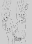 anthro blush bottomwear clothing duo embarrassed female hand_holding happy head_tuft hoodie male male/female oversized_clothing shorts spandex spandex_shorts tight_bottomwear tight_clothing tight_shorts topwear tuft agidyne rose_(agidyne) stephen_(agidyne) lagomorph mammal hi_res monochrome