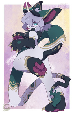 ambiguous_gender anthro blue_eyes butt chest_tuft claws convenient_censorship finger_claws fur grey_hair hair horn leg_markings logo markings multicolored_horn pawpads pink_pawpads socks_(marking) solo straight_horn tail tail_tuft text toe_claws tuft white_body white_fur yellow_claws mochiri unknown_species 2026 absurd_res artist_logo artist_name cel_shading digital_drawing_(artwork) digital_media_(artwork) hi_res shaded