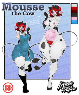 areola belly big_breasts big_butt blue_eyes bodily_fluids breasts breasts_and_teats butt clothed clothing curvy_figure erect_nipples female fur genitals hair hooves horn hourglass_figure lactating looking_at_viewer milk nipples nude overalls pregnant pregnant_female pubes red_hair shirt simple_background small_waist smile solo standing tail teats text thick_thighs topwear udders vulva white_body white_fur wide_hips frozenartifice mayternity bovid bovine cattle mammal 5:6 absurd_res digital_media_(artwork) english_text hi_res
