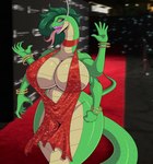 4_arms 5_fingers apode big_breasts breasts clothed clothing countershade_face countershade_neck countershade_torso countershading fangs female fingers forked_tongue green_body green_hair hair horn legless multi_arm multi_limb non-mammal_breasts open_mouth open_smile pupils red_carpet serpentine slit_pupils smile solo teeth tongue tongue_out katanasmirk cc-by-nc creative_commons coil_(katanasmirk) draconcopode naga reptile scalie snake absurd_res hi_res