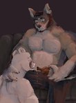 albino alcohol alcohol_bottle anthro beverage bottle clothed clothing container duo facial_scar fur holding_bottle holding_container holding_object male male/male nipples scar topless topless_anthro topless_male white_body white_fur soupspicyy echo_(series) echo_project the_smoke_room samuel_ayers william_adler canid canine canis cougar coyote felid feline mammal 2022 colored hi_res signature