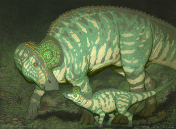 ambiguous_gender duo feral green_body looking_down looking_up plant quadruped side_view tail young young_feral john_tedrick hasbro magic:_the_gathering wizards_of_the_coast dinosaur hadrosaurid ornithischian ornithopod prehistoric_species reptile scalie 2022 absurd_res hi_res official_art parent_(lore) parent_and_child_(lore)