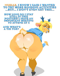 2_horns ankle_strap_heels anthro antlers asking asking_viewer asking_what bent_over big_butt biped black_clothing black_eyebrows black_footwear black_high_heels black_shoes blonde_hair blue_antlers blue_clothing blue_eyes blue_horn blue_lips blue_lipstick blue_nose blue_shirt blue_text blue_topwear bottom_heavy bottomless bottomless_anthro bottomless_female butt clothed clothing countershade_butt countershade_fur countershade_legs countershade_tail countershading crows_feet curved_eyebrows dialogue ellipsis eyebrows eyelashes female fingers footwear frown fur glistening glistening_butt glistening_hair hair half-closed_eyes head_turned high_heels horn huge_butt humanoid_hands iris light_body light_fur light_hair lips lipstick long_eyelashes looking_at_viewer looking_back looking_back_at_viewer makeup mature_anthro mature_female monotone_antlers monotone_hair monotone_horn multicolored_body multicolored_fur multicolored_tail name_drop name_in_dialogue narrowed_eyes number open_frown open_mouth pink_inner_ear pose pupils question rear_view shadow shirt shoes short_hair short_tail simple_background snout solo standing tail talking_to_viewer tan_body tan_ears tan_fur tan_tail tan_text teeth text thick_thighs topwear two_tone_body two_tone_fur two_tone_tail white_background white_body white_countershading white_fur white_sclera white_tail kinoko.kemono deltarune undertale_(series) carol_holiday deer mammal new_world_deer reindeer 2026 digital_drawing_(artwork) digital_media_(artwork) english_description english_text hi_res