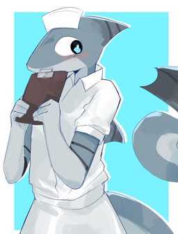 anthro blush clipboard clothed clothing grey_arms grey_body grey_fingers grey_hands grey_tail hat headgear headwear nurse nurse_clothing nurse_hat nurse_headwear nurse_uniform tail topwear uniform white_clothing white_headwear white_topwear murace4 aquatic fish shark 2026 hi_res