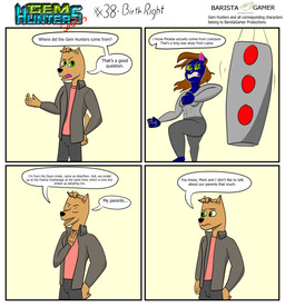 anthro bottomwear clothing denim denim_bottomwear denim_clothing dialogue duo female jacket jeans kicking_object male pants shirt sportswear text topwear baristagamerproductions alfonso_(gem_hunters) phoebe_(gem_hunters) canid canine canis dingo felid feline mammal absurd_res comic english_text hi_res