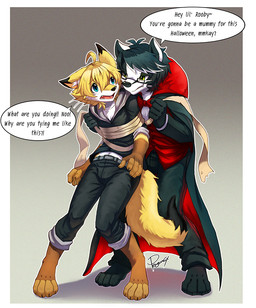 4_toes anthro asking asking_another asking_what asking_why barefoot bdsm black_bottomwear black_cape black_clothing black_hair black_pants black_shirt black_t-shirt black_topwear blonde_hair bondage border bottomwear bound bow_(feature) bow_in_front bow_tie brown_body brown_fur bulge cape chest_tuft claws clothed clothing dialogue duo eyewear feet front_view fur glasses glistening glistening_eyes green_eyes hair male multicolored_hair narrowed_eyes open_mouth pants paws question rectangular_glasses red_cape red_clothing red_tongue red_topwear ribbon_bondage ribbons shirt simple_background smile smirk speech_bubble standing t-shirt talking_to_another text toes tongue topwear tuft two_tone_hair white_body white_border white_fur white_hair yellow_body yellow_fur penguinexperience robby_(penguinexperience) badger canid canine fox mammal mustelid musteline english_text hi_res signature