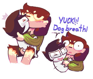 ambiguous/ambiguous ambiguous_gender anthro bodily_fluids canon_x_oc clothing dialogue duo eyes_closed eyewear floppy_ears glasses hug kissing saliva saliva_string size_difference wearing_glasses young young_human blu_moon homestuck ms_paint_adventures john_egbert canid canine human mammal painting_(artwork)