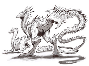 4_fingers ambiguous_gender blade claws countershade_face countershade_legs countershade_neck countershade_torso countershading dark_body dark_scales duo feral finger_claws fingers head_spikes leg_spikes light_body light_scales looking_at_viewer lying neck_spikes overbite reverse_countershading scales simple_background spiked_tail spikes spikes_(anatomy) standing tail tail_blade teeth text toe_claws weapon_tail white_background chiayeeee dinosaur dromaeosaurid prehistoric_species reptile saurischian scalie theropod velociraptor 2018 digital_drawing_(artwork) digital_media_(artwork) english_text full-length_portrait hi_res monochrome portrait sepia
