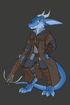 5_fingers anthro arbalist biped blue_body claws clothed clothing countershade_face countershading crossbow digitigrade fingers holding_object holding_weapon horn male ranged_weapon simple_background smile solo tail weapon black-kitten ran_(aidenanmadrauisce) kobold scalie 2023 hi_res