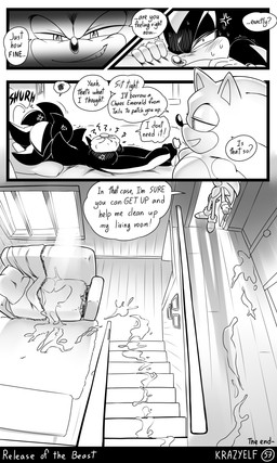 angry annoyed annoying anthro bed bedding bedroom big_nose black_nose blanket blush body_blush butt butt_blush clothing cum_pool cum_stains dialogue duo footwear furniture gloves handwear icepack karma male pillow quills_(anatomy) regret shoes smile smirk smug smug_face smug_grin smug_smile sofa sore sore_bottom speech_bubble text krazyelf sega sonic_the_hedgehog_(series) shadow_the_hedgehog sonic_the_hedgehog eulipotyphlan hedgehog mammal 3:5 absurd_res black_and_white comic english_text hi_res monochrome