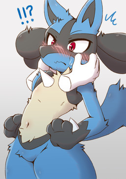 anthro black_body black_fur blue_body blue_fur blush bodily_fluids chest_spike chest_tuft disembodied_hand duo emanata featureless_crotch fur hand_spike interrobang male navel red_eyes simple_background spikes spikes_(anatomy) sweat sweatdrop tuft white_background yellow_body yellow_fur acky05 nintendo pokemon generation_4_pokemon lucario mammal pokemon_(species) 2020 digital_media_(artwork) hi_res