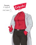 anthro belt clothed clothing colgate_(toothpaste) english_text floating_head hi_res kogito male not_furry simple_background solo text topless topless_anthro topless_male