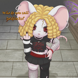 alternative_fashion anthro clothing collar curly_hair ear_piercing ear_ring female gesture graffiti graffiti_on_wall hair hand_gesture looking_at_viewer middle_finger piercing punk ring_piercing solo spiked_collar spikes text torn_clothing young kumachi ritzanna_(kumachi) mammal mouse murid murine rodent 1:1 absurd_res hi_res