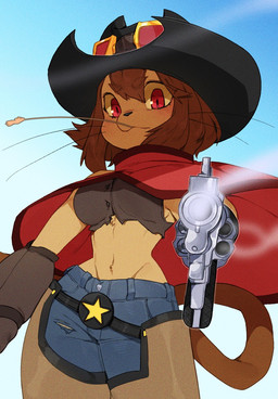 ammunition anthro bangs black_clothing black_hat black_headwear bottomwear brown_hair brown_tail chaps chewing_grass clothing cowboy_hat cowboy_outfit cowgirl_outfit crop_top eyebrow_through_hair eyebrows female fur gloves gradient_background gun gun_arm hair handgun handwear hat headgear headwear magenta_eyes midriff object_in_mouth outside pants pointing_gun pointing_gun_at_viewer poncho ranged_weapon red_eyes revolver shirt simple_background single_glove sky smoking_gun solo tail tan_body tan_fur topwear translucent translucent_hair weapon weapon_arm wheat whiskers punipaws gameoverse glitch_productions kit_bodega domestic_cat felid feline felis mammal 2026 digital_media_(artwork) portrait shaded three-quarter_portrait