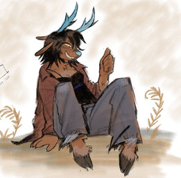 anthro antlers black_hair black_top blue_antlers blue_nose bottomwear claws clothing denim denim_bottomwear denim_clothing eyeliner female gesture hair hand_gesture hooves horn jeans makeup pants pattern_clothing pattern_shirt pattern_topwear plaid plaid_clothing plaid_shirt plaid_topwear plant shirt simple_background simple_eyes sitting sitting_on_ground smile solo thumbs_up topwear luckymuttz deltarune undertale_(series) dess_holiday deer mammal new_world_deer reindeer
