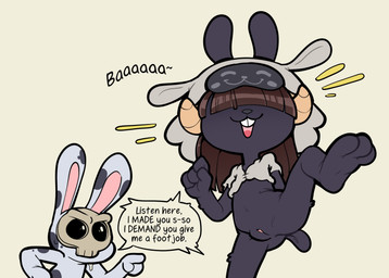2_horns 3_toes 4_fingers angry anthro bangs barefoot biped black_body black_ears black_fur black_sclera black_tail black_text bone bottomless bottomless_anthro bottomless_female brown_hair buckteeth clitoris clothed clothed_anthro clothed_female clothing dialogue duo feet female female_anthro female_focus fingers flat_chested fur genitals gesture grey_clothing grey_headdress grey_shirt grey_topwear hair hair_over_eyes hand_gesture headdress horn humanoid_genitalia humanoid_vulva long_hair male male_anthro multicolored_body multicolored_ears multicolored_fur navel open_mouth pink_inner_ear pink_tongue plantigrade pointing shirt short_sleeves short_tail simple_background skull skull_head solo_focus speech_bubble spread_legs spreading stuttering tail talking_to_another tan_background tan_horn teeth text toes tongue topwear two_tone_body two_tone_ears two_tone_fur vulva white_body white_ears white_eyes white_fur young young_anthro young_female itsunknownanon bovid caprine hybrid lagomorph leporid mammal rabbit sheep 2026 english_text hi_res