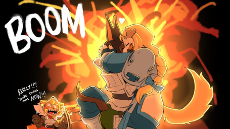 anthro armor arrow_(weapon) black_background explosion female female/female group heart_symbol kissing ranged_weapon shield simple_background weapon conniesky3 dog_knight_rpg jeane_(ceehaz) maci_(ceehaz) rory_(ceehaz) bird_dog canid canine canis dobermann domestic_dog golden_retriever hunting_dog mammal pinscher pomeranian retriever spitz 16:9 hi_res widescreen