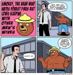 anthro border brown_body brown_fur cigarette clothed clothing fur hat headgear headwear humor partially_clothed smoking speech_bubble text white_border onegianthand united_states_forest_service smokey_bear american_black_bear bear black_bear human mammal ursine comic english_text hi_res url