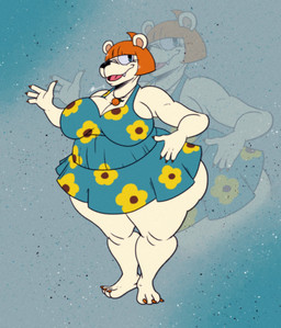 anthro barefoot belly big_belly big_breasts big_butt biped blowup_background bob_cut breasts butt claws cleavage clothed clothing cute_fangs dress fangs feet female gesture hair hand_on_hip hand_on_own_hip huge_belly huge_breasts jewelry necklace one_eye_closed open_mouth open_smile orange_hair overweight overweight_anthro overweight_female simple_background smile solo teeth thick_thighs waving wide_hips wink marc_acrylic lina_(sssonic2) bear mammal absurd_res hi_res
