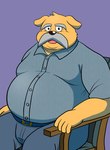 anthro belly belt big_belly bottomwear chair clothed clothing facial_hair furniture humanoid_hands kemono male mustache open_mouth overweight overweight_male pants shirt sitting solo topwear bullbluedog canid canine canis domestic_dog mammal 2024 hi_res