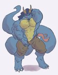 2022 abs anthro arm_hair biceps big_muscles big_tail blue_body blue_hair blue_tail body_hair bottomwear brown_bottomwear brown_clothing brown_pants chest_hair clothing countershading dragon facial_hair forearm_muscles genitals hair hi_res huge_tail hyper hyper_tail legwear legwear_only male male_anthro muscular muscular_anthro muscular_male mythological_creature mythological_scalie mythology one_eye_closed pants pecs penis penis_base presenting presenting_penis scalie shirtless_anthro shirtless_male tail triceps wink yellow_body yellow_countershading yellow_penis zephyr_(zephyrchill) zephyrchill