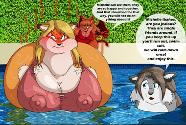 angry anthro areola_outline big_breasts blonde_hair blue_eyes breasts brown_hair clothing cross-popping_vein female fur grey_body grey_fur group hair huge_breasts membrane_(anatomy) membranous_wings multicolored_body multicolored_fur nipple_outline open_mouth overweight overweight_anthro overweight_female pitchfork shoulder_devil speech_bubble swimming_pool swimwear text tools trio two_tone_body two_tone_fur water wet wings xxsparcoxx michelle_(xxsparcoxx) sophia_(xxsparcoxx) canid canine canis demon fox mammal wolf 2015 digital_media_(artwork) english_text