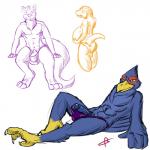 anthro balls beak bulge erection flaccid genitals humanoid_genitalia humanoid_penis male penis simple_background solo white_background kotetsu_rexen nintendo star_fox falco_lombardi avian bird canid canine canis mammal mustelid otter scalie wolf 1:1 hi_res multiple_images signature