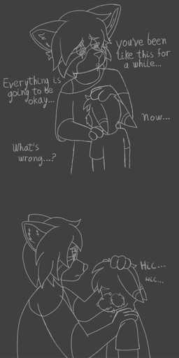 anthro bodily_fluids cheek_tuft clothed clothing crying diaper duo eye_scar facial_scar facial_tuft hair hand_on_head hand_on_shoulder head_tuft male onomatopoeia scar shirt sound_effects tank_top tears text topwear tuft wearing_diaper young young_anthro fennecat nintendo pokemon d._azimi_(fennecat) miles_(fennecat) ailurid generation_1_pokemon mammal pikachu pokemon_(species) red_panda 1:3 absurd_res comic english_text hi_res monochrome