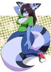 anthro big_tail blue_body blue_fur bottomwear breasts brown_eyes brown_hair cleavage clothed clothing denim denim_bottomwear denim_clothing female fur hair huge_tail jeans long_hair pants sitting_on_tail solo tail zipper kojiro-brushard malkai_(malkaiwot) mammal procyonid raccoon 2022 absurd_res hi_res