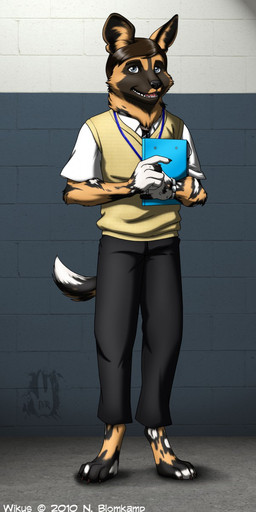 accessory anthro barefoot bottomwear claws clothed clothing fangs feet fur hair holding_object looking_at_viewer male necktie open_mouth pants shirt solo standing tail teeth tongue topwear vest wide_eyed tanno_radon district_9 wikus_van_der_merwe african_wild_dog canid canine mammal 2010 hi_res signature