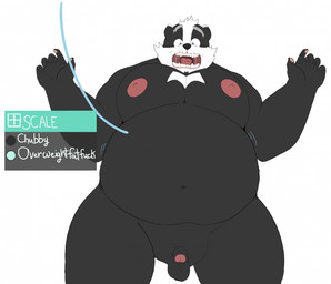 anthro balls belly big_belly black_body black_nose genitals male moobs navel nipples open_mouth overweight overweight_male penis small_penis solo standing surprised text white_body chainedmemories bradley_the_badger bradley_(bradley_the_badger) badger mammal mustelid musteline 2025 english_text hi_res
