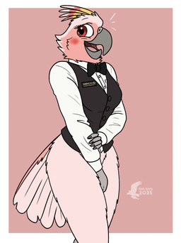 anthro bartender blush bottomless bottomless_female bow_tie breasts clothed clothing collared_shirt covering covering_crotch dress_shirt feathered_crest feathers female head_crest name_tag non-mammal_breasts pink_background pink_body pink_feathers pose red_eyes shirt shy simple_background solo tail thick_thighs topwear uniform vest waiter waitress_uniform fish_birb jenny_(fish_birb) avian bird cockatoo major_mitchell's_cockatoo parrot 2025 absurd_res hi_res pinup watermark
