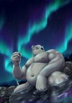 anthro aurora_(phenomenon) belly big_belly black_nose detailed_background eyewear fur glasses humanoid_hands kemono male moobs navel night nipples outside overweight overweight_anthro overweight_male sitting solo water white_body white_fur guadr lifewonders tokyo_afterschool_summoners leib_(tas) bear mammal polar_bear ursine 2022 absurd_res hi_res