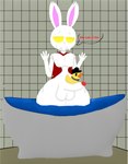 anthro balancing balls bathroom bathtub bone cape clothing curvy_figure genitals male object_on_penis penis red_clothing rubber_duck skeleton solo text water wide_hips yellow_eyes matborowski hell_yeah!_wrath_of_the_dead_rabbit sega prince_ash lagomorph leporid mammal rabbit english_text hi_res