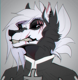 anthro black_body black_fur black_sclera cheek_tuft clothed clothing ear_piercing ear_ring ear_stud facial_scar facial_tuft female fur grey_background grey_clothing hair looking_at_viewer piercing pupils ring_piercing scar simple_background slit_pupils solo teeth tuft unsigned white_body white_clothing white_eyes white_fur white_hair santanahoffman canid mammal bust_portrait chromatic_aberration hi_res portrait