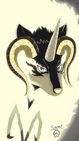 black_body black_face black_fur feral front_view fur glowing glowing_body glowing_fur horn looking_at_viewer male red_eyes solo stare some_(someone) clevatess_(series) mythology clevatess canid canine canis demon hybrid mammal mythological_canine mythological_creature wolf absurd_res digital_drawing_(artwork) digital_media_(artwork) hi_res