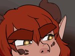 extreme_close-up eyebrow_through_hair eyebrow_wiggle eyebrows female furrowed_brow glowing glowing_eyes hair horn looking_offscreen orange_eyes pointy_ears red_body red_hair red_skin sharp_teeth solo teeth thick_eyebrows translucent translucent_hair notrip fooly_cooly mythology ember_(notrip) animal_humanoid dragon dragon_humanoid humanoid mythological_creature mythological_scalie scalie 2023 4:3 animated loop short_playtime