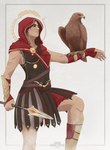 ambiguous_gender arm_scar armor beak brown_body brown_eyes brown_feathers brown_hair clothed clothing duo feathered_wings feathers female feral glistening glistening_eyes hair holding_melee_weapon holding_object holding_polearm holding_spear holding_weapon melee_weapon mouth_closed orange_eyes polearm red_hood scar simple_background sitting_on_arm spear standing tan_body tan_skin weapon wings santanahoffman assassin's_creed ubisoft accipitrid accipitriform avian bird eagle golden_eagle human mammal true_eagle 2023 absurd_res artist_name dated hi_res