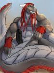 animal_genitalia apode black_penis clothing dreadlocks erection fingerless_gloves genital_slit genitals gloves handwear horn humanoid_genitalia humanoid_penis legless male muscular muscular_male penis serpentine smile solo solaxe_(artist) asian_mythology east_asian_mythology mythology knux_(maestroknux) draconcopode dragon eastern_dragon mythological_creature mythological_scalie naga reptile scalie snake 2017 3:4