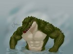 abs anthro biceps glowing glowing_eyes green_body male muscular muscular_anthro muscular_male open_mouth pecs scales sharp_teeth simple_background smile solo solo_focus teeth upper_body water feelieowo alligator alligatorid crocodile crocodilian reptile scalie 4:3 digital_media_(artwork) hi_res