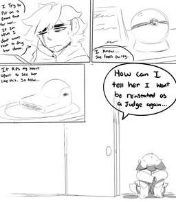 anthro bodily_fluids desk dialogue door duo eye_scar facial_hair facial_scar female furniture head_down male nervous pokeball sad scar sitting sweat sweatdrop table text whistle_(object) spicykiwi nintendo pokemon thomas_(spicykiwi) tulip_(spicykiwi) floragato generation_9_pokemon human mammal pokemon_(species) absurd_res comic english_text hi_res monochrome story