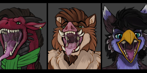 ambiguous_gender beak black_body black_hair black_horn blue_body blue_eyes bodily_fluids brown_body brown_fur brown_hair cheek_spikes ear_piercing ear_ring facial_spikes fangs feral fur glistening glistening_eyes green_eyes green_scarf grey_background hair horn looking_at_viewer mouth_shot narrowed_eyes open_mouth piercing purple_tongue red_body red_scales ring_piercing saliva saliva_on_tongue saliva_string scales scarf short_hair simple_background solo spikes spikes_(anatomy) tan_body tan_fur teeth tongue tongue_out unsigned yellow_beak acidic mythology avian dragon mammal mythological_creature mythological_scalie scalie suid suine letterbox multiple_images