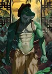 abs anthro badge belt biceps bottomwear butt claws clothed clothing cloud deltoids dog_tags eyes_closed fangs fern forest green_body green_skin hat headgear headwear jewelry jungle leaf light light_beam male mountain muscular muscular_male navel necklace obliques outside palm_tree pants pecs plant pubes screen solo spikes standing straps_across_chest sun sunbeam sunlight teeth tree v-cut white_body white_skin window levsha lizard reptile scalie 2022 absurd_res digital_media_(artwork) hi_res shaded