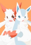 ambiguous_gender blue_eyes duo fur markings open_mouth orange_background red_eyes red_markings simple_background slightly_chubby teeth white_body white_fur kogamaru nintendo pokemon generation_3_pokemon mammal pokemon_(species) zangoose