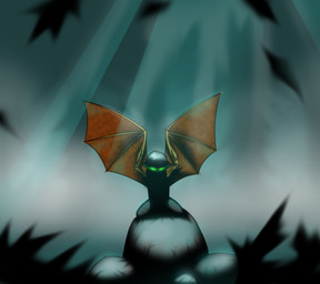 ambiguous_gender boulder dark feral forest green_eyes membrane_(anatomy) membranous_wings outside plant rock shadow solo tree wings wood unknown_artist bat mammal