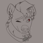 anthro bodily_fluids clothing crooked_smile ear_piercing gauged_ear hoodie male mohawk nervous_smile nervous_sweat piercing red_eyes solo sweat tired_look topwear whiskers possumgod harvey_yeenpeenl0rd_(possumgod) hyena mammal 1:1 headshot_portrait hi_res portrait sketch watermark