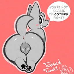 animal_genitalia animal_vulva anus blush butt canine_genitalia canine_vulva female feral fur genitals grey_body grey_fur looking_at_viewer looking_back pawpads paws presenting presenting_hindquarters rear_view smile solo speech_bubble vulva toastedtanuki canid canine canis mammal wolf 1:1